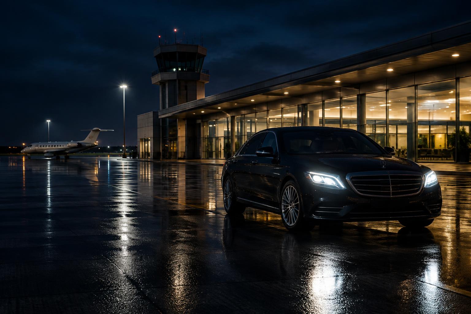 Berline noire devant un terminal d'aéroport, de nuit