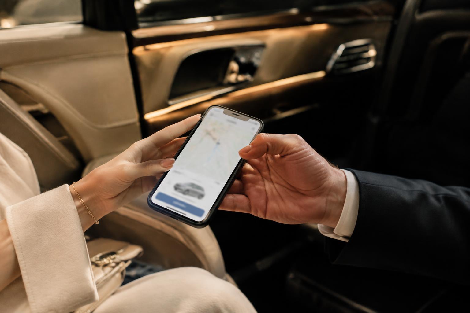 Demande de devis sur smartphone dans un véhicule haut de gamme